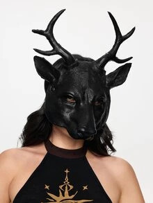 ROMWE Grunge Punk 1 件动物鹿面具，PU 泡沫，黑色/金色/银色/白色，万圣节鹿面具，狂欢节派对服装道具驯鹿 - 黑色 - 查看 6