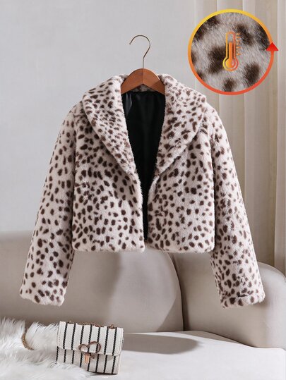 SHEIN Tween Mädchen Leopardenmuster Polka Dot Flauschige Jacke, dicker langer Plüsch Kunstpelz Kurzmantel, lässige Herbst/Winter Kleidung