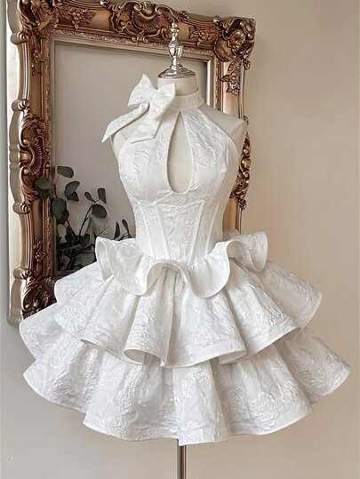 Lovelzi Elegant Luxurious Woven Jacquard Fabric Handmade Bow Decor Halter Neck Small Stand Collar Big Wave A-Line Short Women's Formal Evening Party Ball Gown