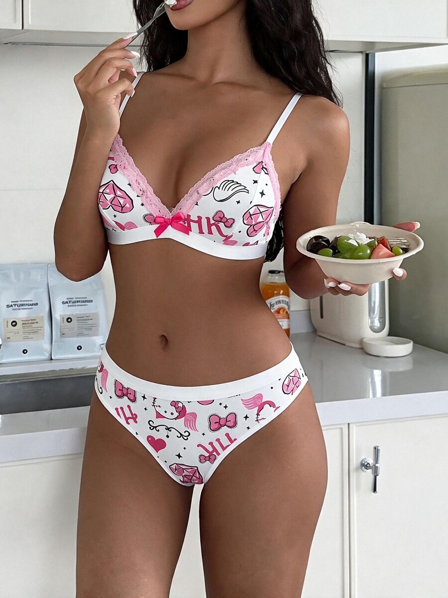 ZzzCrew HELLO KITTY AND FRIENDS | SHEIN Women's Lace Trim Patchwork Cartoon Print Bra + Triangle Panty 2pcs Set - Multicolor - View 1