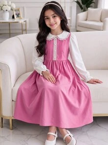 SHEIN Tween Girls Midi Dress, Lace Peter Pan Collar Ruffle Long Sleeve A-Line Flowy Dress - Multicolor - View 8