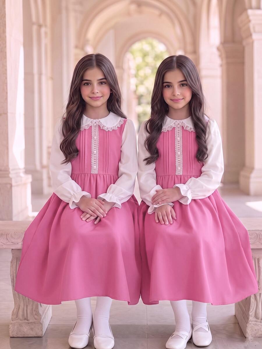 SHEIN Tween Girls Midi Dress, Lace Peter Pan Collar Ruffle Long Sleeve A-Line Flowy Dress - Multicolor - View 1