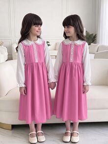 SHEIN Tween Girls Midi Dress, Lace Peter Pan Collar Ruffle Long Sleeve A-Line Flowy Dress - Multicolor - View 4
