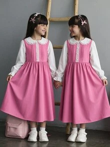 SHEIN Tween Girls Midi Dress, Lace Peter Pan Collar Ruffle Long Sleeve A-Line Flowy Dress - Multicolor - View 3