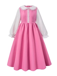 SHEIN Tween Girls Midi Dress, Lace Peter Pan Collar Ruffle Long Sleeve A-Line Flowy Dress - Multicolor - View 6