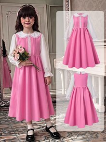 SHEIN Tween Girls Midi Dress, Lace Peter Pan Collar Ruffle Long Sleeve A-Line Flowy Dress - Multicolor - View 5