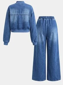 SHEIN 青少年女孩藍色編織丹寧寬鬆連帽短外套與長褲兩件套，秋冬休閒款，適合萬聖節、新年、上學穿著 - 藍色 - 查看 9