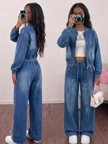 SHEIN 青少年女孩藍色編織丹寧寬鬆連帽短外套與長褲兩件套，秋冬休閒款，適合萬聖節、新年、上學穿著 - 藍色 - 查看 2