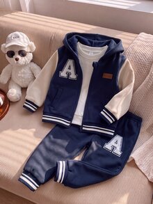 SHEIN Playful Pals 2件組小男孩休閒拼接純色長袖舒適保暖內裡拉鍊外套與長褲套裝，適合秋冬日常休閒戶外穿著 - 藏蓝色 - 查看 6