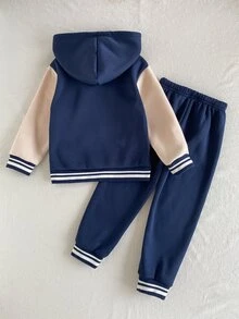 SHEIN Playful Pals 2件組小男孩休閒拼接純色長袖舒適保暖內裡拉鍊外套與長褲套裝，適合秋冬日常休閒戶外穿著 - 藏蓝色 - 查看 2