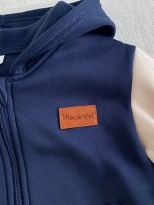 SHEIN Playful Pals 2件組小男孩休閒拼接純色長袖舒適保暖內裡拉鍊外套與長褲套裝，適合秋冬日常休閒戶外穿著 - 藏蓝色 - 查看 7