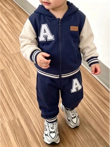 SHEIN Playful Pals 2件組小男孩休閒拼接純色長袖舒適保暖內裡拉鍊外套與長褲套裝，適合秋冬日常休閒戶外穿著 - 藏蓝色 - 查看 4