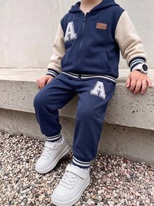 SHEIN Playful Pals 2件組小男孩休閒拼接純色長袖舒適保暖內裡拉鍊外套與長褲套裝，適合秋冬日常休閒戶外穿著 - 藏蓝色 - 查看 3