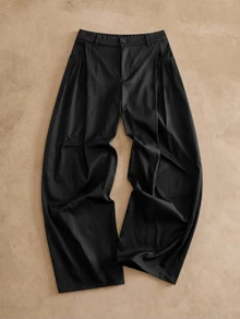 HIMLAND Men's Oatmeal High-Waisted Pleated Wide-Leg Trousers With Clean Front Drape. Structured Flowing Silhouette In Mid-Weight Suiting Blend. Black Pants - Black - View 6