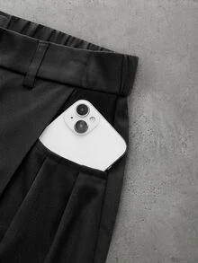 HIMLAND Men's Oatmeal High-Waisted Pleated Wide-Leg Trousers With Clean Front Drape. Structured Flowing Silhouette In Mid-Weight Suiting Blend. Black Pants - Black - View 4