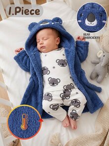Newborn Baby Warm Soft Skin-Friendly Plush Bear Embroidery Long Sleeve Hooded Design Waist Belt Robe Lounge Night Navy Blue Grey Autumn Kawaii Baby - Blue - View 1