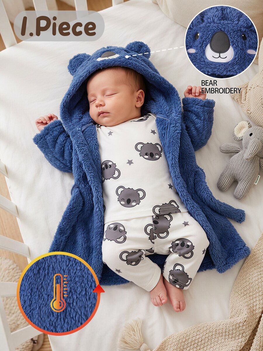 Newborn Baby Warm Soft Skin-Friendly Plush Bear Embroidery Long Sleeve Hooded Design Waist Belt Robe Lounge Night Navy Blue Grey Autumn Kawaii Baby - Blue - View 1
