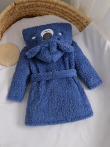 Newborn Baby Warm Soft Skin-Friendly Plush Bear Embroidery Long Sleeve Hooded Design Waist Belt Robe Lounge Night Navy Blue Grey Autumn Kawaii Baby - Blue - View 2