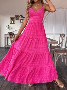 Breezaya Vintage Country Style Bowknot Layered Patchwork Dress, Suitable For Birthday, Wedding Guest - Hot Pink - View 7