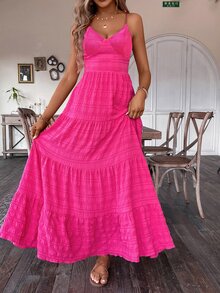 Breezaya Vintage Country Style Bowknot Layered Patchwork Dress, Suitable For Birthday, Wedding Guest - Hot Pink - View 6