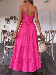Breezaya Vintage Country Style Bowknot Layered Patchwork Dress, Suitable For Birthday, Wedding Guest - Hot Pink - View 3