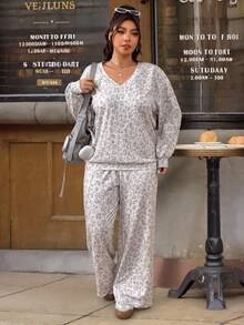 SHEIN EZwear Plus Size Fashion Leopard Print Long Sleeve Sweatshirt And Loose Pants 2 Pieces Set Fall - Grey - View 3