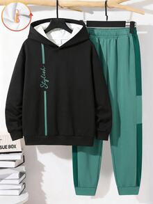 青少年男孩休閒極簡長袖連帽舒適運動衫 2 件套，適合秋冬，卡通圖案 - 彩色 - 查看 3