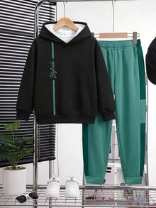 青少年男孩休閒極簡長袖連帽舒適運動衫 2 件套，適合秋冬，卡通圖案 - 彩色 - 查看 7