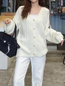 FRIFUL Women's Korean Style Solid Color Cardigan, Autumn Outfit - Beige - View 3