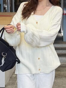 FRIFUL Women's Korean Style Solid Color Cardigan, Autumn Outfit - Beige - View 4