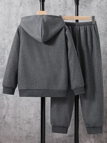 SHEIN 兒童青少年男孩休閒運動多功能極簡寬鬆厚抓毛內裡連帽外套衛衣與慢跑長褲兩件套，適合通勤、上學、日常休閒、運動、街頭穿搭，秋冬款 - 深灰色 - 查看 2
