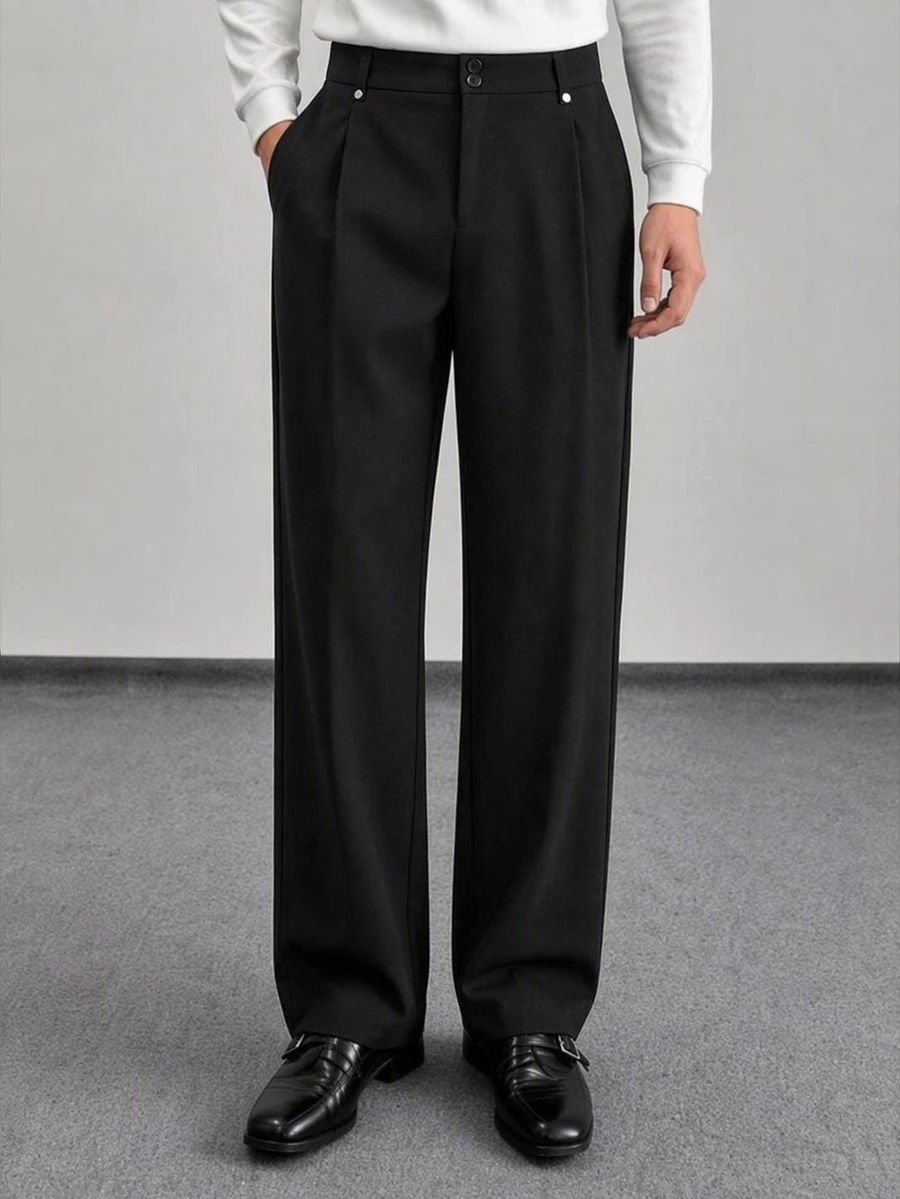HIMLAND Men's Solid Color Pleated Casual Loose Fit Dress Pants Vacation Black Autumn - Black - View 1