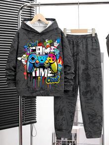 Setelan 2 Potong Sweatshirt Lengan Panjang Minimalis Kasual Nyaman untuk Anak Laki-Laki Remaja, Cocok untuk Musim Gugur/Dingin, Motif Kartun - MultiWarna - View 3