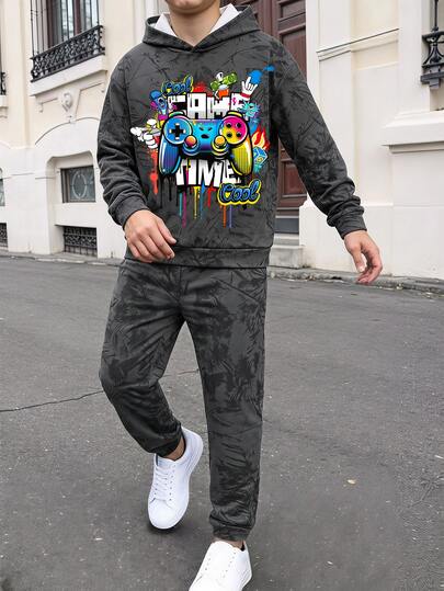 Tween Boy Casual Minimalist Long Sleeve Hooded Comfortable Sweatshirt 2 Pieces Set Suitable For Autumn/Winter Cartoon Pattern