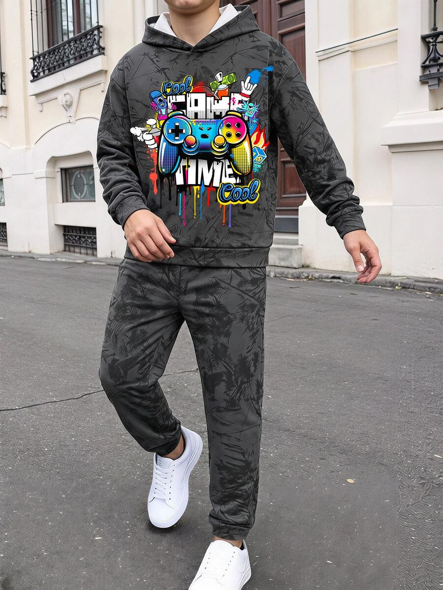 Setelan 2 Potong Sweatshirt Lengan Panjang Minimalis Kasual Nyaman untuk Anak Laki-Laki Remaja, Cocok untuk Musim Gugur/Dingin, Motif Kartun - MultiWarna - View 1