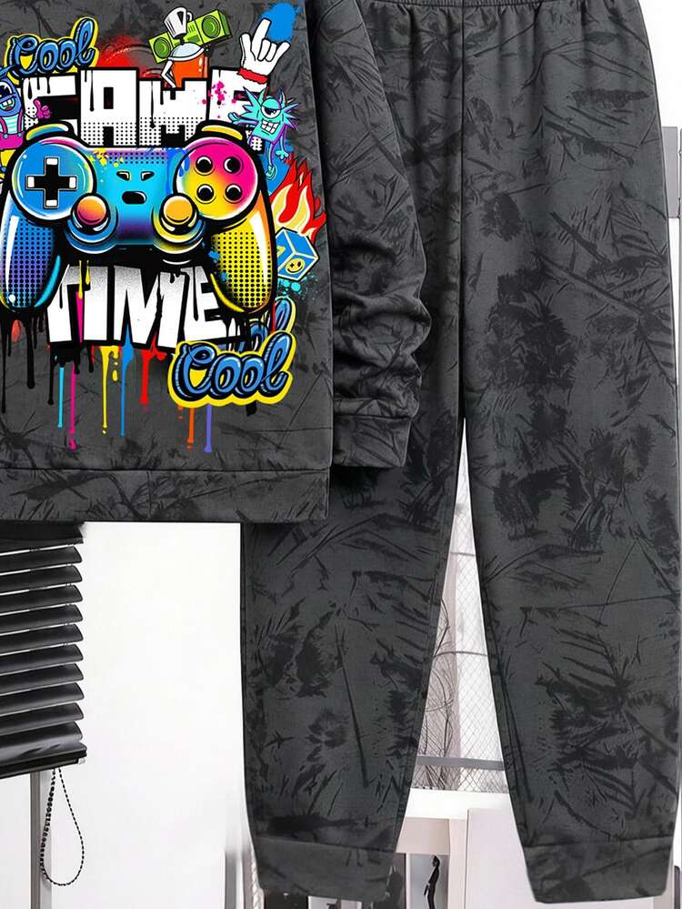 Tween Boy Casual Minimalist Long Sleeve Hooded Comfortable Sweatshirt 2 Pieces Set Suitable For Autumn/Winter Cartoon Pattern - Multicolor - View 4