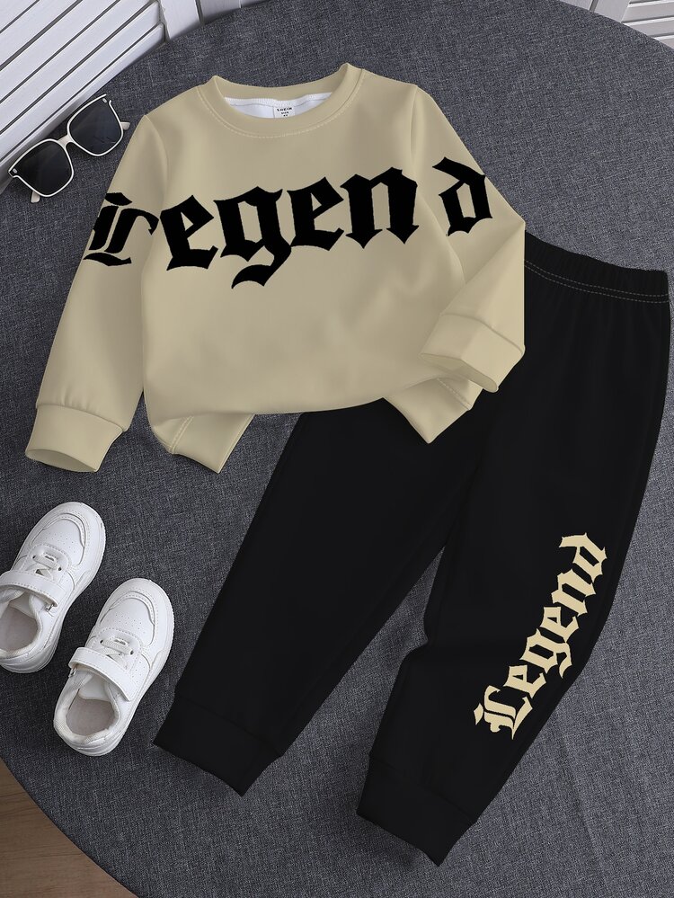 1 Set Spring/Autumn New Boys Casual Handsome Long Sleeve Crew Neck Sweatshirt & Long Pants Outfit, Blue Minimalist BRAVE Letter Print Top Paired With Beige/Brown Long Pants, Fashionable Casual Versatile. Suitable For Daily Outings, School Wear, Holiday Travel, Multi-Scenario Adaptable, Photo-Ready, Creating A Sharp Spring/Autumn Look, Premium Selection For Boys - Multicolor - View 3