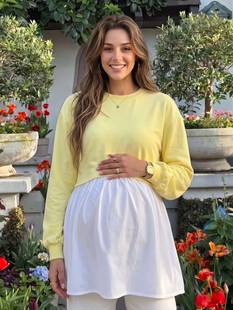 Lyckli Maternity Colorblock Round Neck Drop Shoulder Long Sleeve Casual T-Shirt Fall - Yellow - View 1
