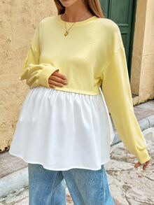 Lyckli Maternity Colorblock Round Neck Drop Shoulder Long Sleeve Casual T-Shirt Fall - Yellow - View 5