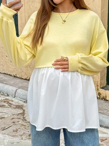 Lyckli Maternity Colorblock Round Neck Drop Shoulder Long Sleeve Casual T-Shirt Fall - Yellow - View 7