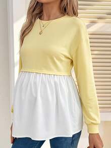 Lyckli Maternity Colorblock Round Neck Drop Shoulder Long Sleeve Casual T-Shirt Fall - Yellow - View 11