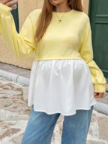 Lyckli Maternity Colorblock Round Neck Drop Shoulder Long Sleeve Casual T-Shirt Fall - Yellow - View 4