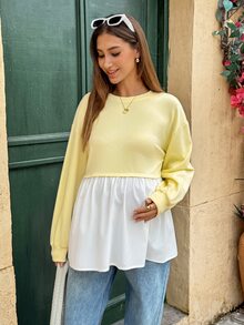 Lyckli Maternity Colorblock Round Neck Drop Shoulder Long Sleeve Casual T-Shirt Fall - Yellow - View 10