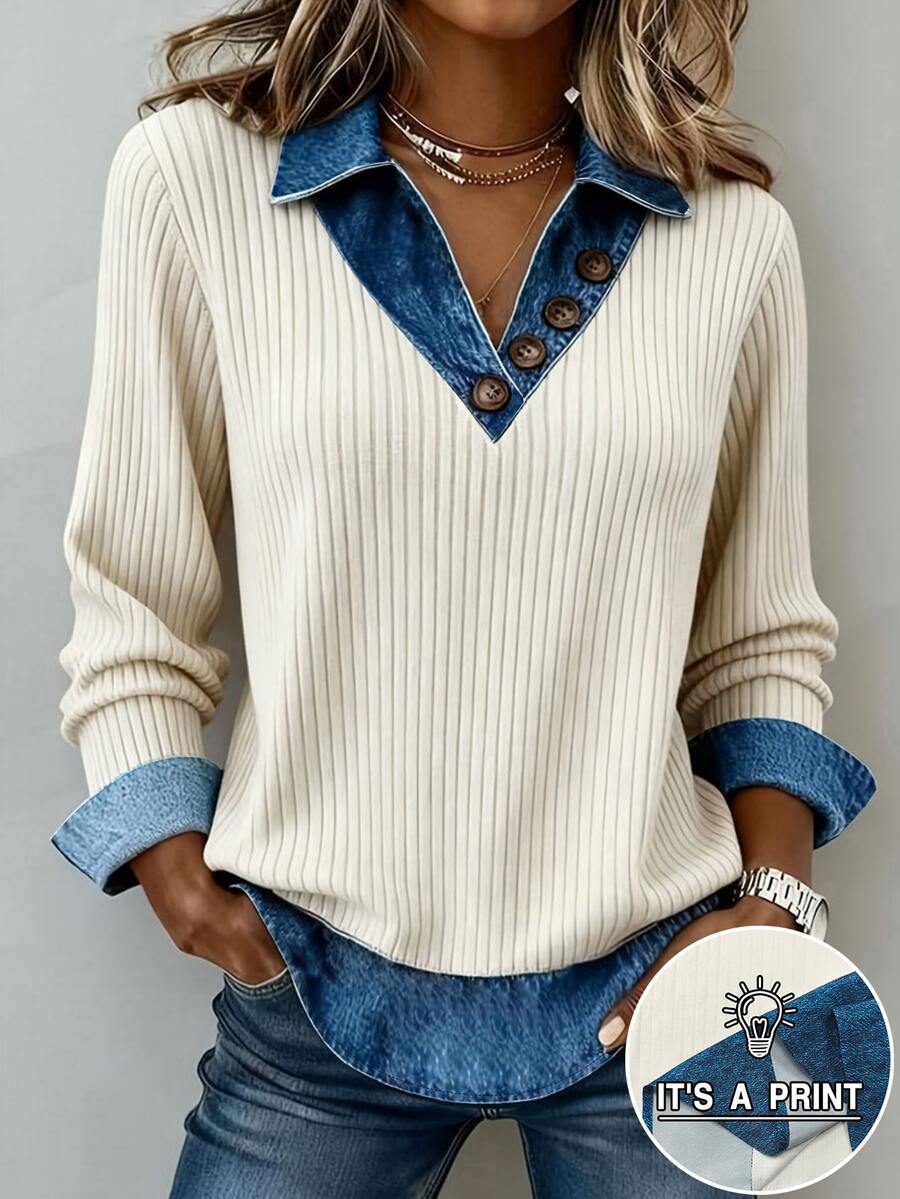 Trelyra Casual Women's Colorblock Patchwork Long Sleeve Top - Multicolor - View 1