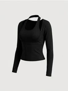 Sweetra Women's Fashion Elegant Elegant Comfortable Long Sleeve Fitted 2 In 1 Design Mesh T-Shirt Top - Black - View 1