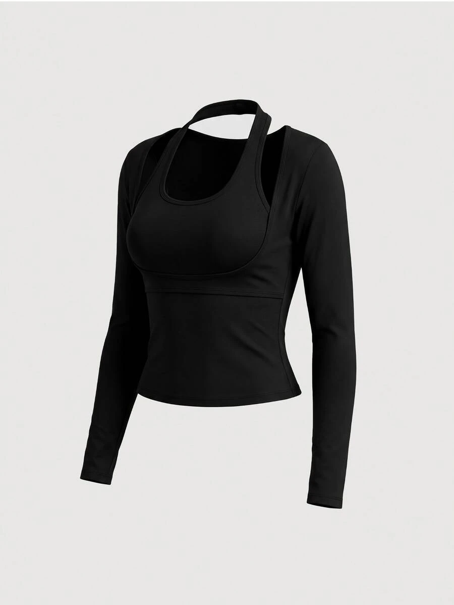 Sweetra Women's Fashion Elegant Elegant Comfortable Long Sleeve Fitted 2 In 1 Design Mesh T-Shirt Top - Black - View 1