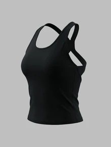 Sweetra Solid Color Backless Halter Neck Sports Sporty Modest Tank Top Gym All Black Summer - Black - View 3