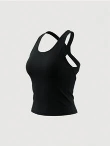 Sweetra Solid Color Backless Halter Neck Sports Sporty Modest Tank Top Gym All Black Summer - Black - View 1