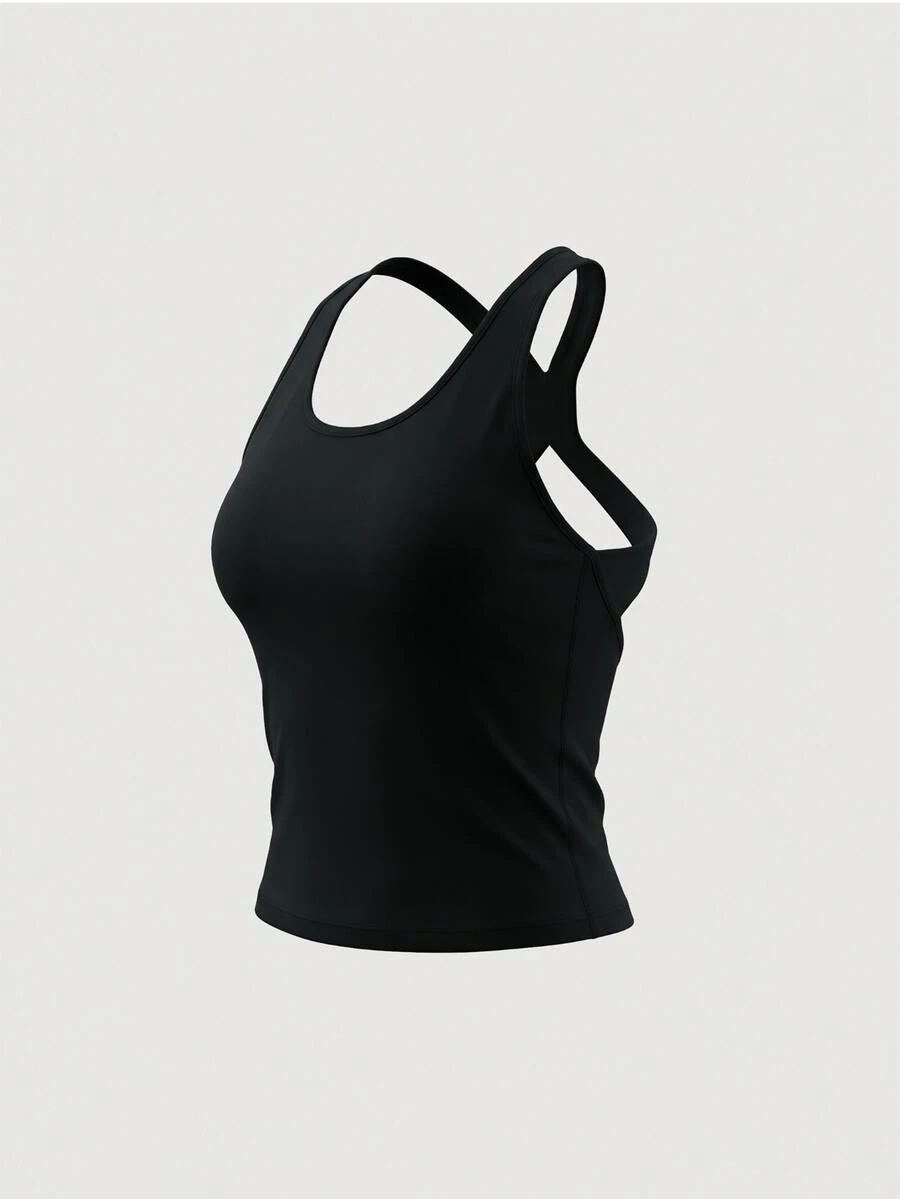 Sweetra Solid Color Backless Halter Neck Sports Sporty Modest Tank Top Gym All Black Summer - Black - View 1
