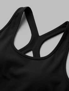 Sweetra Solid Color Backless Halter Neck Sports Sporty Modest Tank Top Gym All Black Summer - Black - View 5